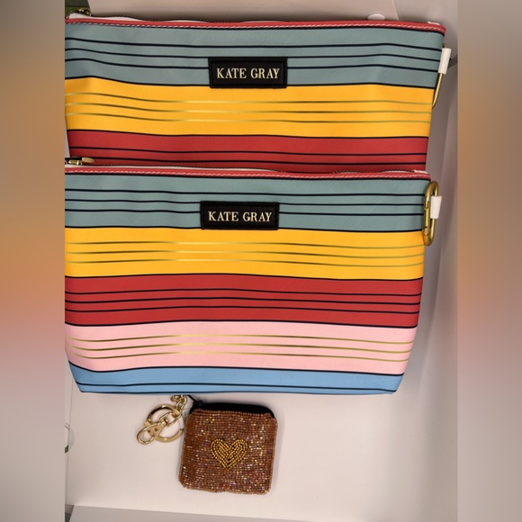 Beauty bags bundle, NWOT Make up bags,golden, red, blue, yellow, pink striped - Picture 3 of 9